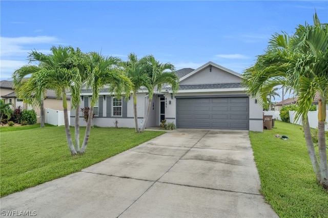 ranch-style home with a garage and a front lawn