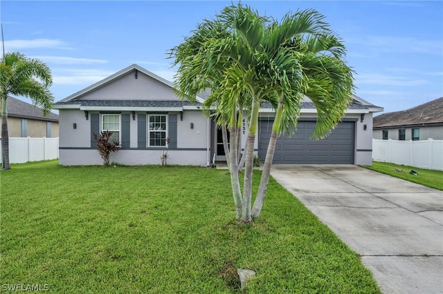 single story home with a garage and a front lawn