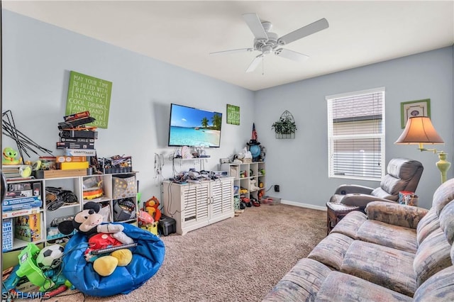 game room featuring ceiling fan and carpet flooring