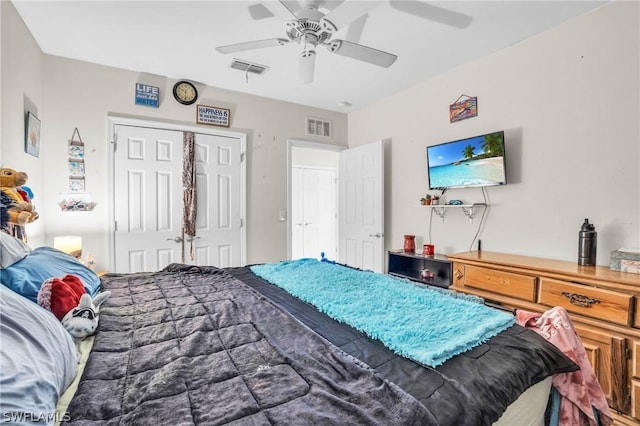 bedroom with ceiling fan and a closet