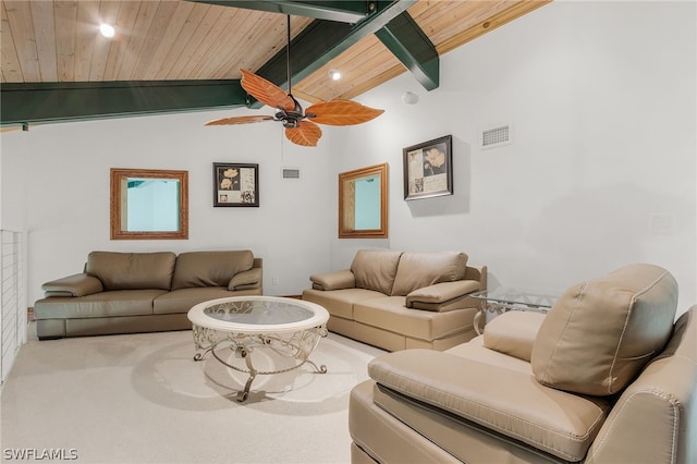 living room featuring beamed ceiling, high vaulted ceiling, ceiling fan, and wooden ceiling