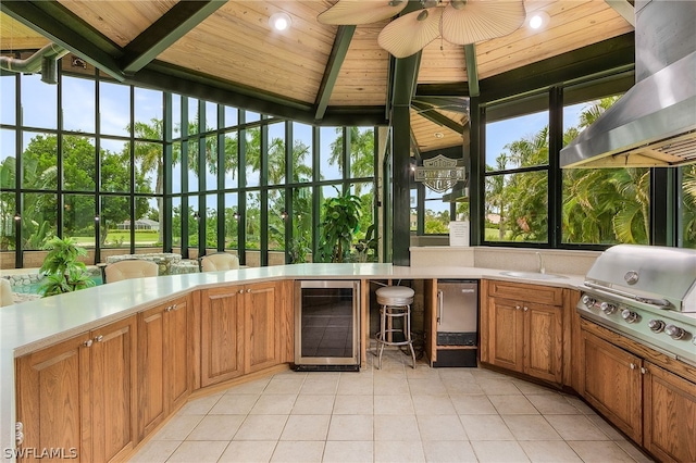 unfurnished sunroom with beam ceiling, ceiling fan, sink, wooden ceiling, and wine cooler