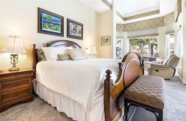 carpeted bedroom featuring a tray ceiling