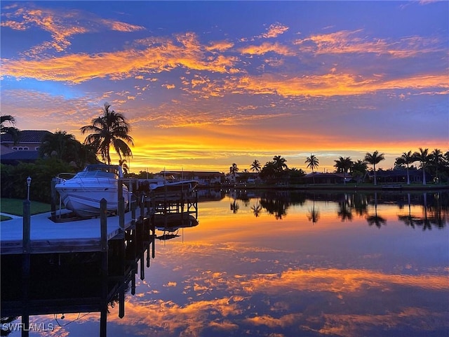 view of water feature with a dock