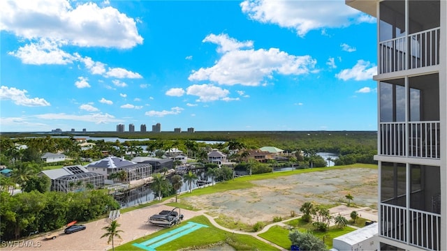 drone / aerial view with a water view