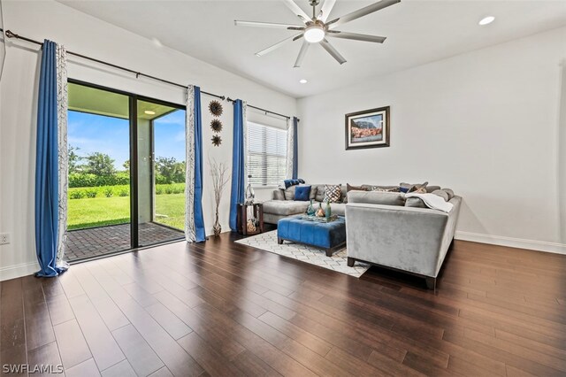 living room with ceiling fan and dark hardwood / wood-style flooring