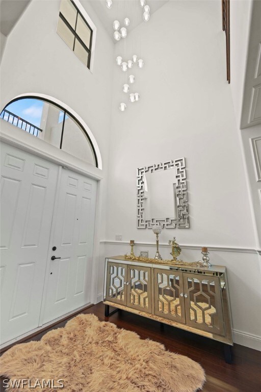 foyer with a high ceiling and dark hardwood / wood-style floors