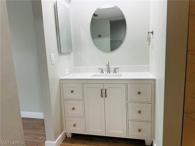 bathroom with vanity and wood-type flooring