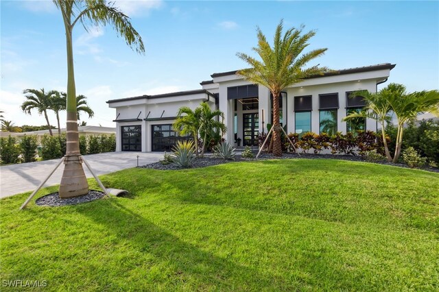 view of front facade with a garage and a front lawn