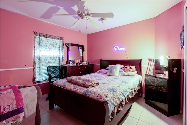 bedroom with light tile patterned floors and ceiling fan