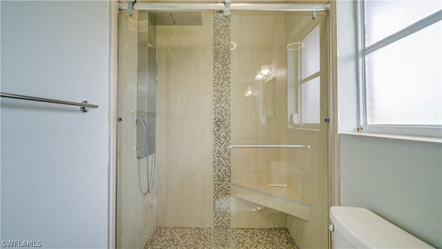 bathroom with toilet and a shower with shower door