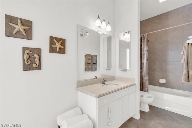 full bathroom with toilet, shower / tub combo, vanity, and tile patterned floors