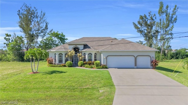 view of front of property featuring a garage and a front yard