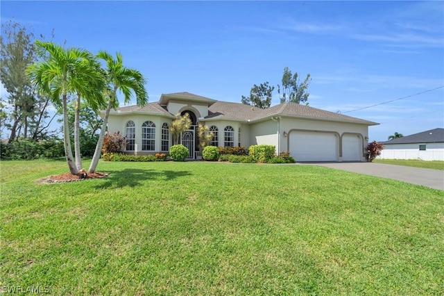 mediterranean / spanish-style house with driveway, an attached garage, a front lawn, and stucco siding