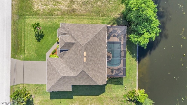 drone / aerial view featuring a water view