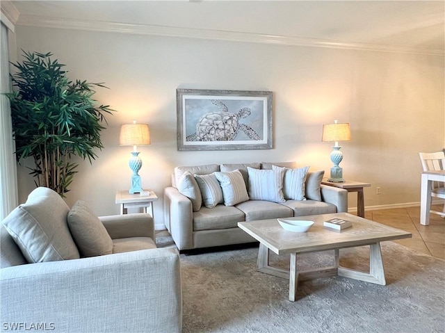 tiled living room featuring crown molding and baseboards