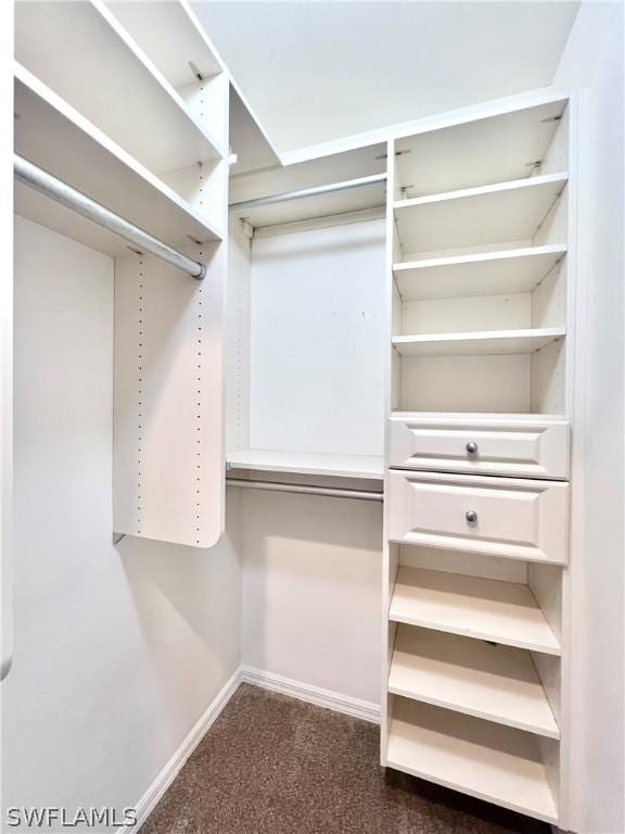 walk in closet featuring dark colored carpet