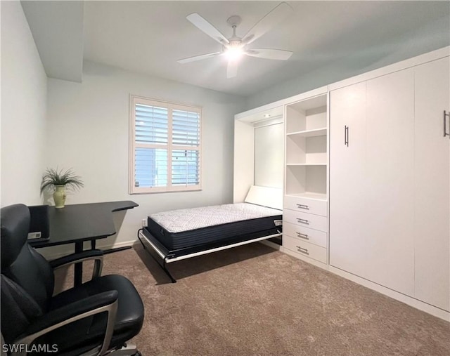 bedroom with ceiling fan and carpet flooring