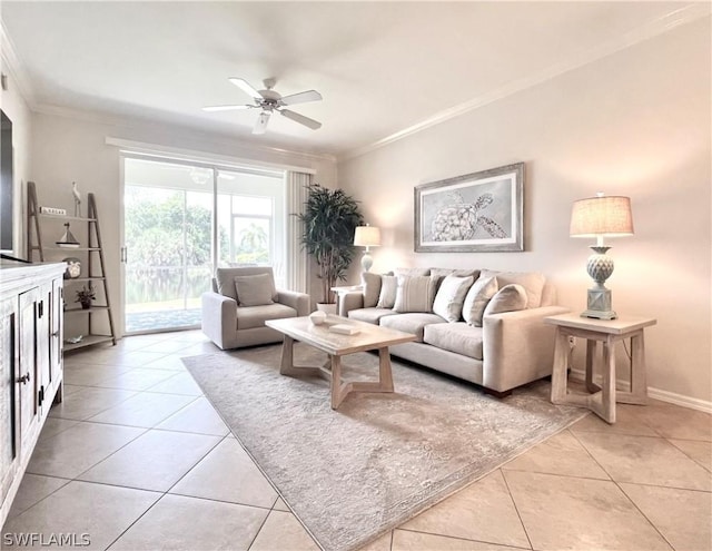 living area featuring light tile patterned floors, ceiling fan, and ornamental molding