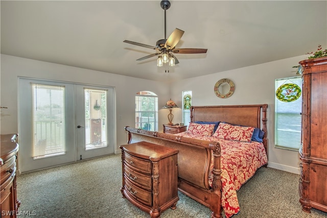 bedroom with access to exterior, light carpet, ceiling fan, and french doors