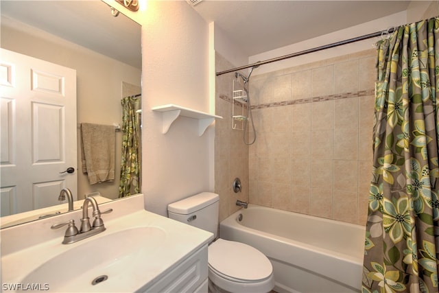 full bathroom with vanity, toilet, and shower / bathtub combination with curtain