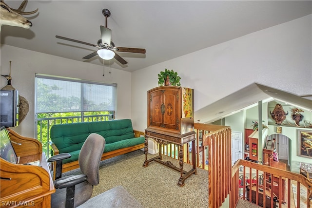 interior space featuring ceiling fan and vaulted ceiling