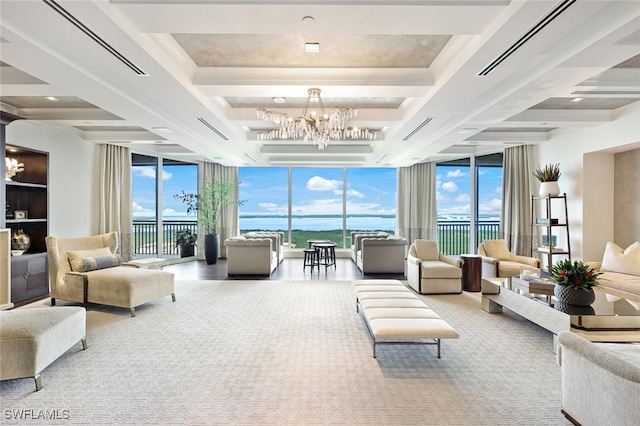 4800 Pelican Colony Blvd Unit Ph2103, Bonita Springs, FL 34134 - living room with expansive windows, a chandelier, carpet flooring, and a water view