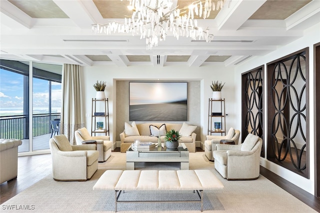 4800 Pelican Colony Blvd Unit Ph2103, Bonita Springs, FL 34134 - living area featuring wood finished floors, a chandelier, coffered ceiling, beamed ceiling, and expansive windows
