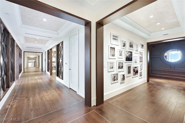 hall featuring a raised ceiling and dark hardwood / wood-style floors