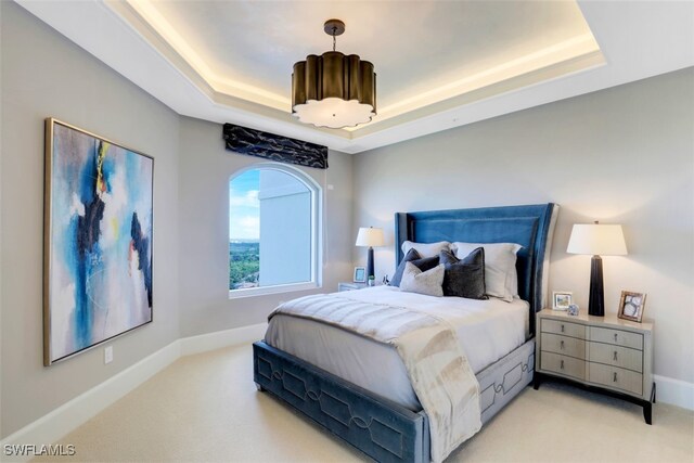 carpeted bedroom with a raised ceiling