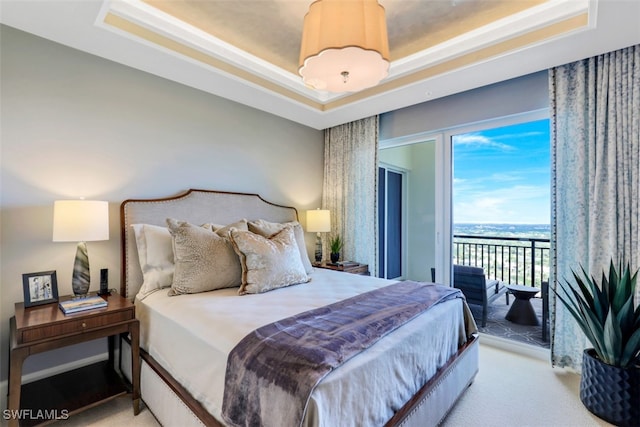 bedroom featuring a tray ceiling, access to exterior, and carpet floors