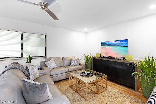 living room featuring light hardwood / wood-style floors and ceiling fan