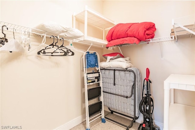 walk in closet with carpet floors