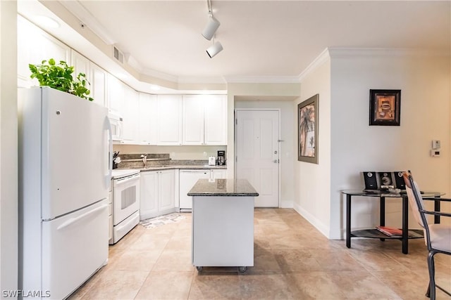 kitchen with sink, white cabinetry, a center island, ornamental molding, and white appliances