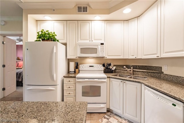 kitchen with white cabinetry, sink, white appliances, and ornamental molding