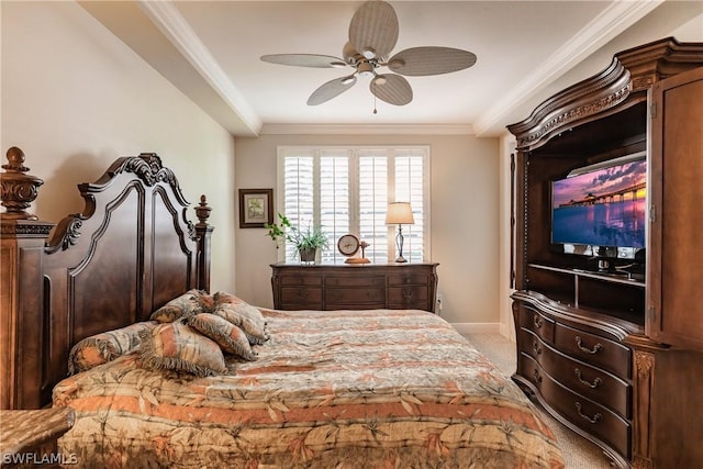 bedroom featuring crown molding, ceiling fan, and light carpet