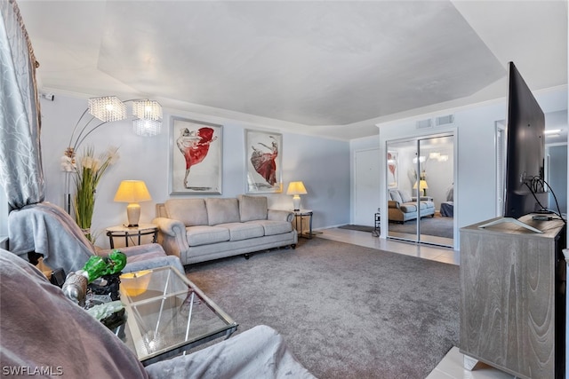 living room featuring tile patterned flooring