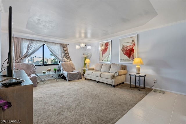 tiled living room featuring a raised ceiling