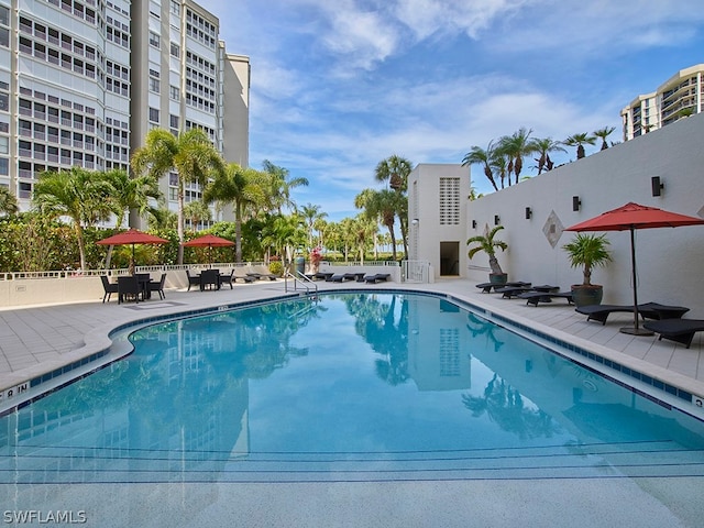 view of swimming pool with a patio area