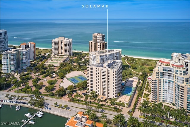 birds eye view of property featuring a water view