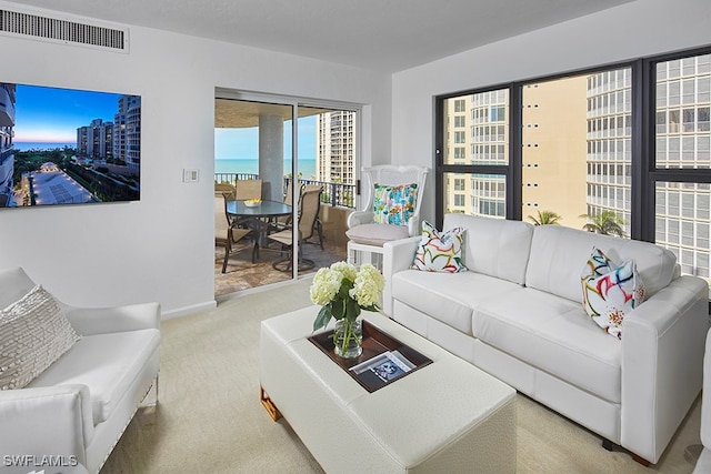 carpeted living room with a water view