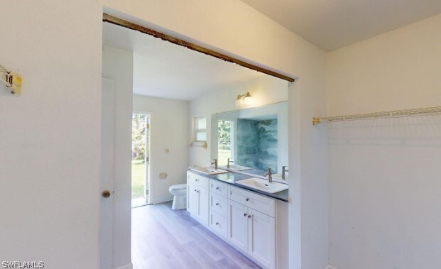 bathroom featuring dual vanity, wood-type flooring, and toilet