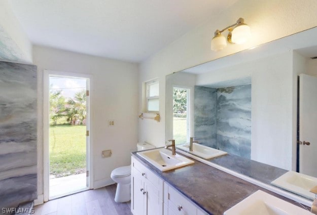 bathroom featuring vanity, toilet, wood-type flooring, and plenty of natural light