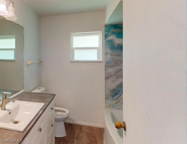 bathroom with vanity, hardwood / wood-style flooring, and toilet