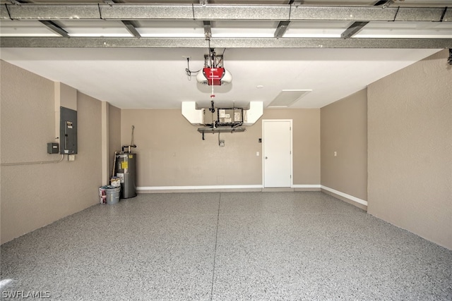 garage with electric panel, water heater, and a garage door opener