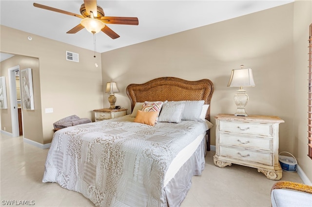 bedroom featuring light tile patterned flooring and ceiling fan