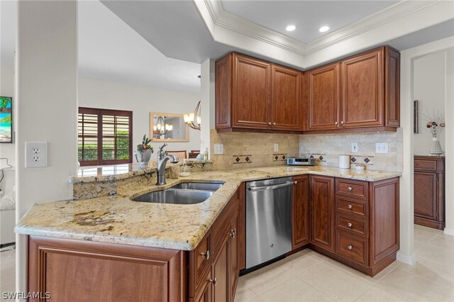 kitchen with crown molding, sink, dishwasher, light stone counters, and kitchen peninsula