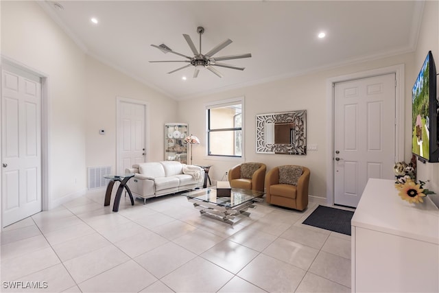 living room featuring ceiling fan, crown molding, lofted ceiling, and light tile patterned floors