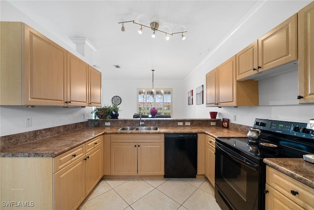 kitchen featuring pendant lighting, sink, kitchen peninsula, black appliances, and crown molding