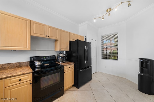 kitchen with black appliances, crown molding, and light brown cabinetry